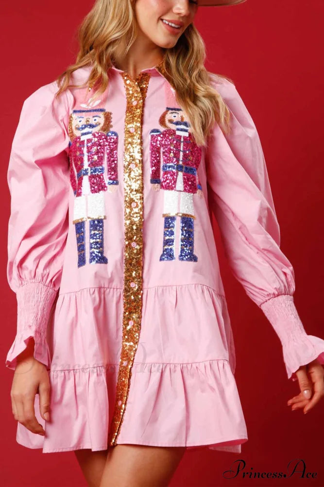 Sequin Tiered Mini Dress With Lapel Button Up Pink / S Dresses