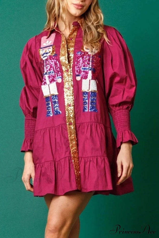Sequin Tiered Mini Dress With Lapel Button Up Purple Red / M Dresses