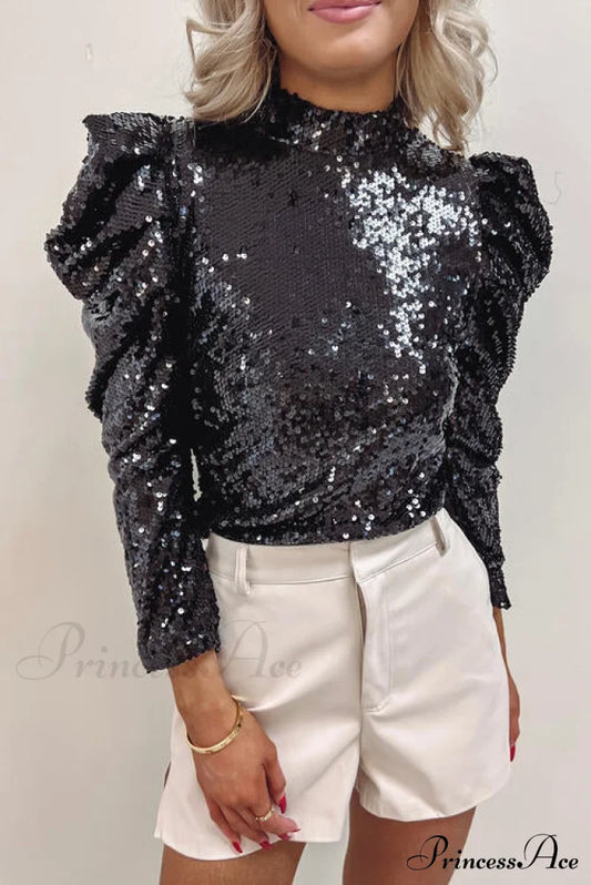 Sequin Top Neck Mock With Leg-Of-Mutton Sleeves
