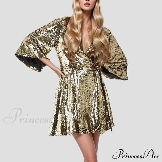 Sequin V Neck Gold Party Evening Long Ball Sexy Gown Women Prom Bridesmaid Elegant High Waist Dress