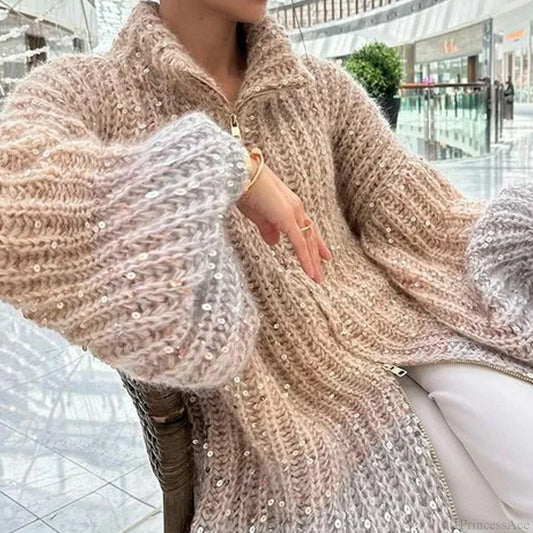 Sequin V-neck Sweater Cardigan Khaki / S