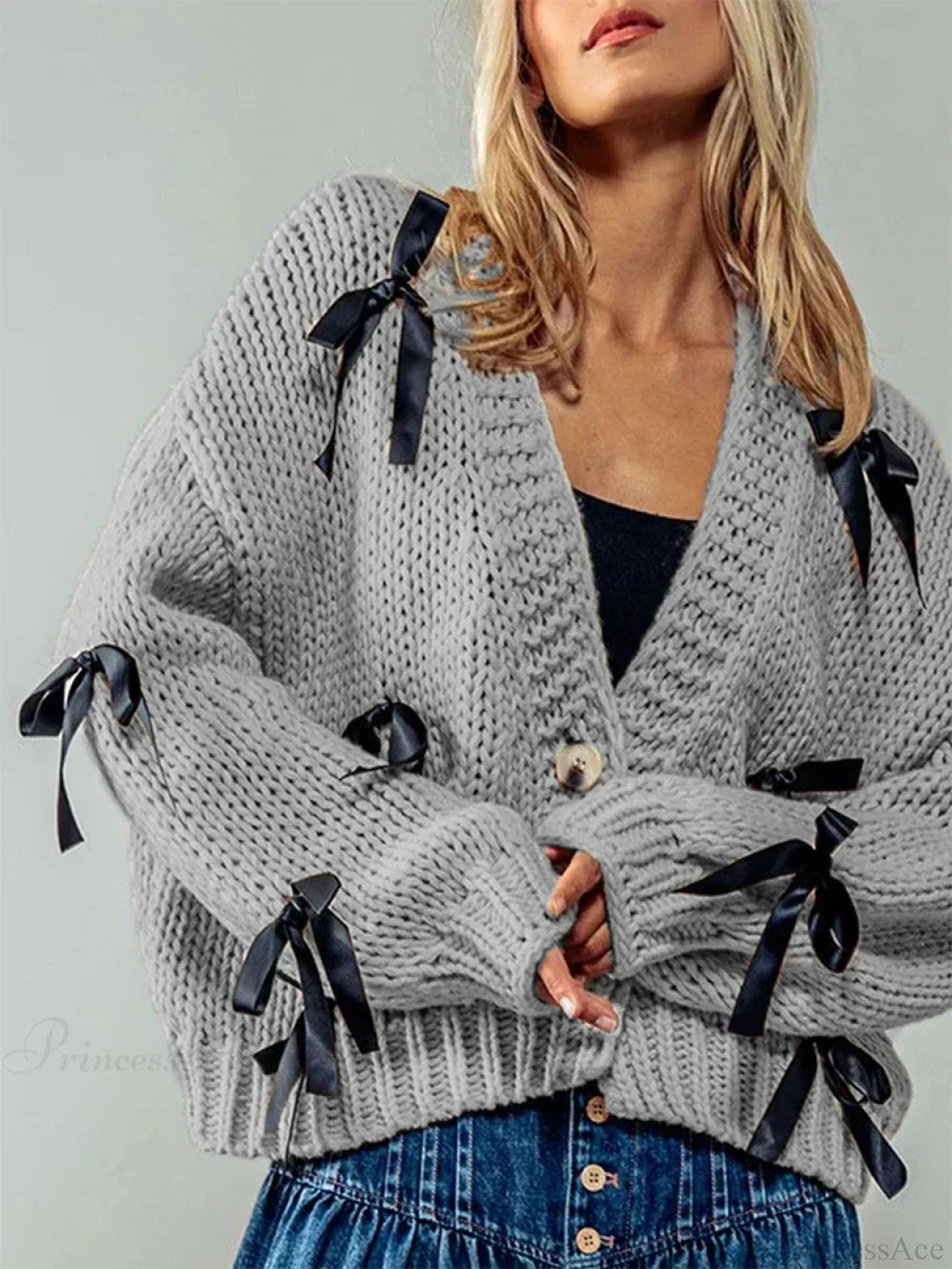 Sequined V-neck Knit Cardigan grey / S