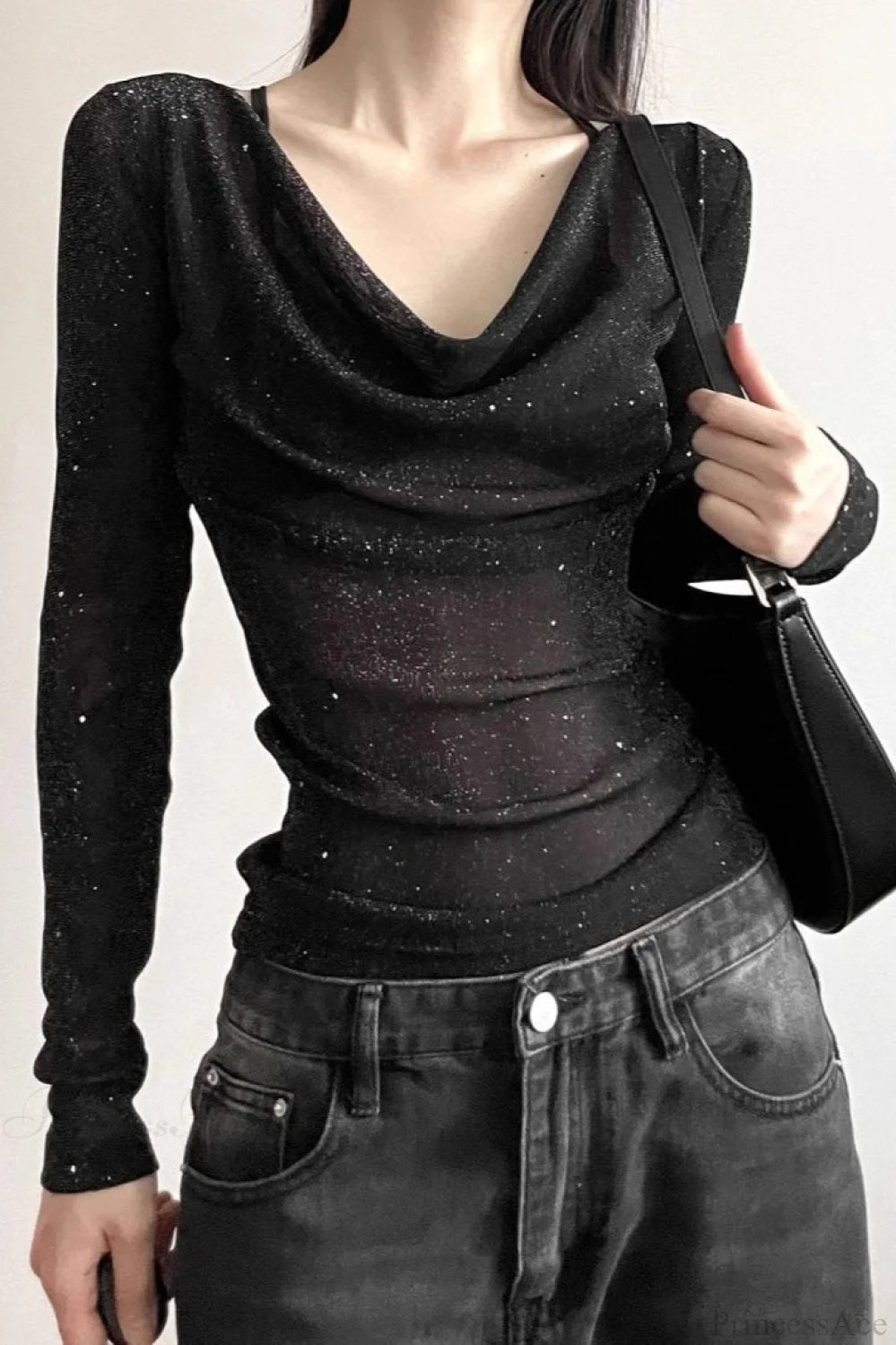 Sequined V-Neck Slim Elegant Long Sleeve Tee
