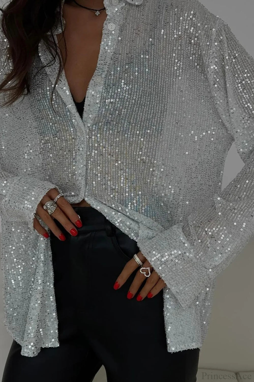 Sequins Long Sleeve Open Front Blouse