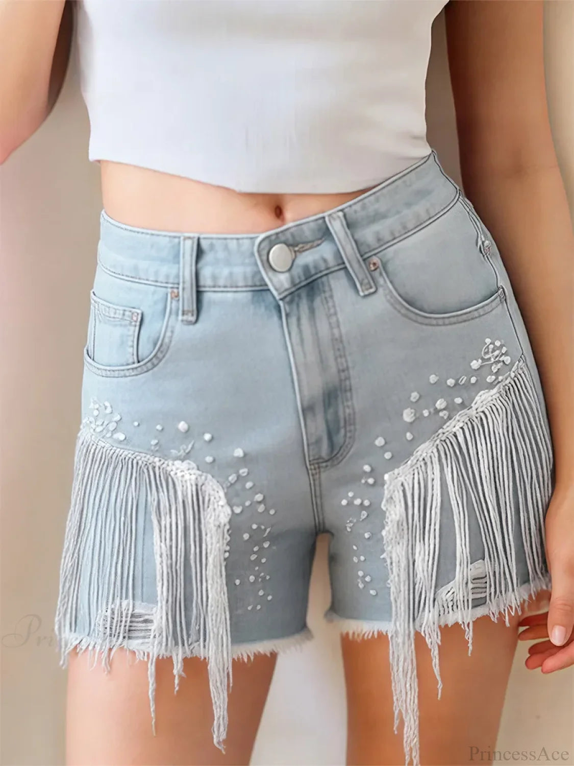 Sequins Tassel Ripped Denim Short short-250223