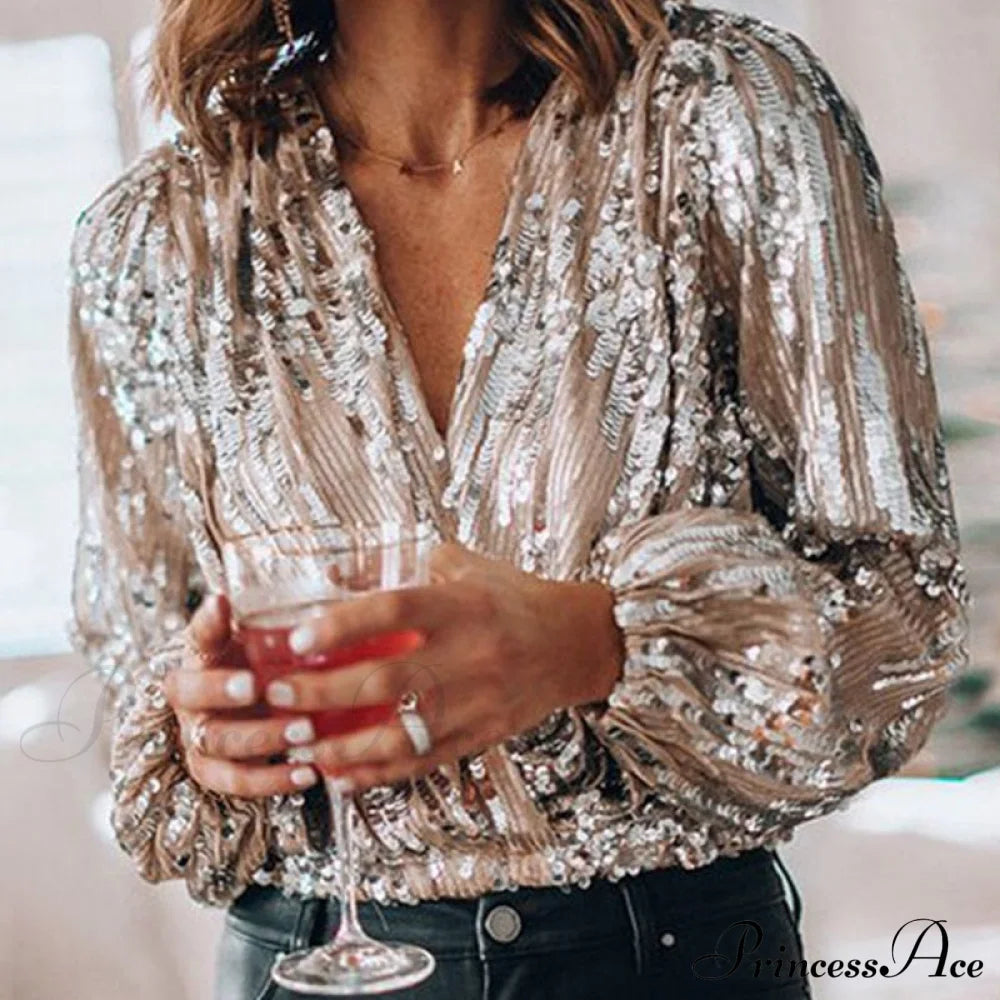 Sequins V Neck Office Lady Lantern Sleeve Blouse