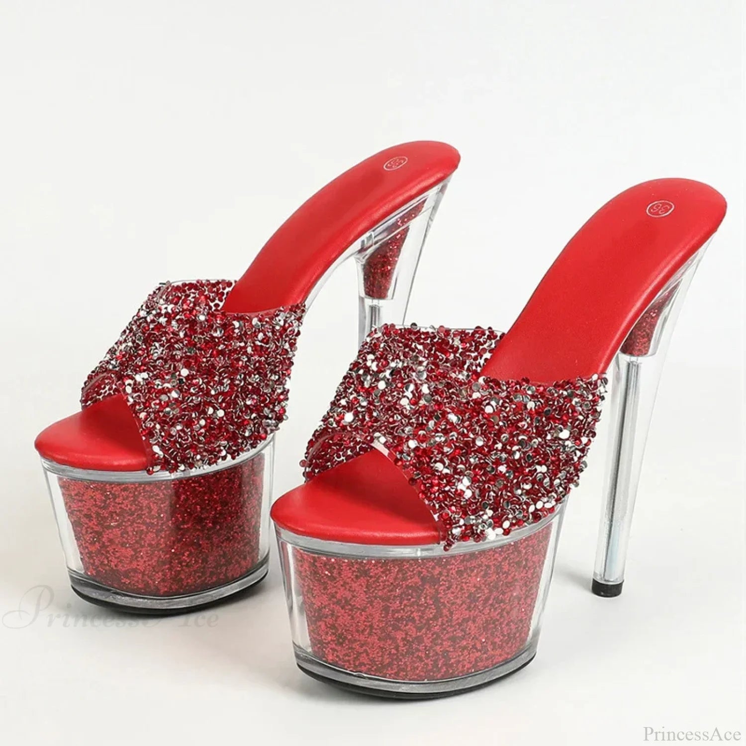 Sexy 20Cm Platform Sequined Transparent Summer Open-Toe Slippers High Heel Red / 34