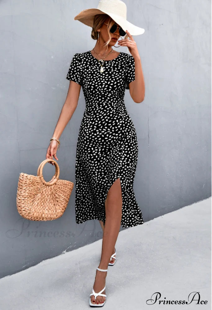 Sexy Backless Gravel Split Dress With Round Neck S / Green