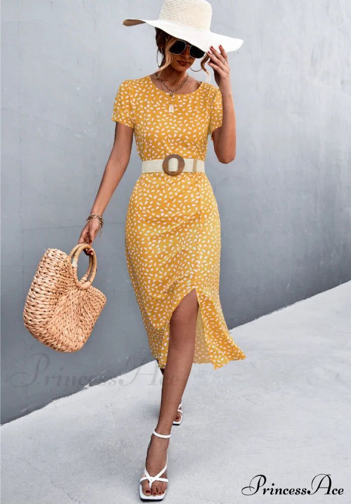 Sexy Backless Gravel Split Dress With Round Neck Xl / Green