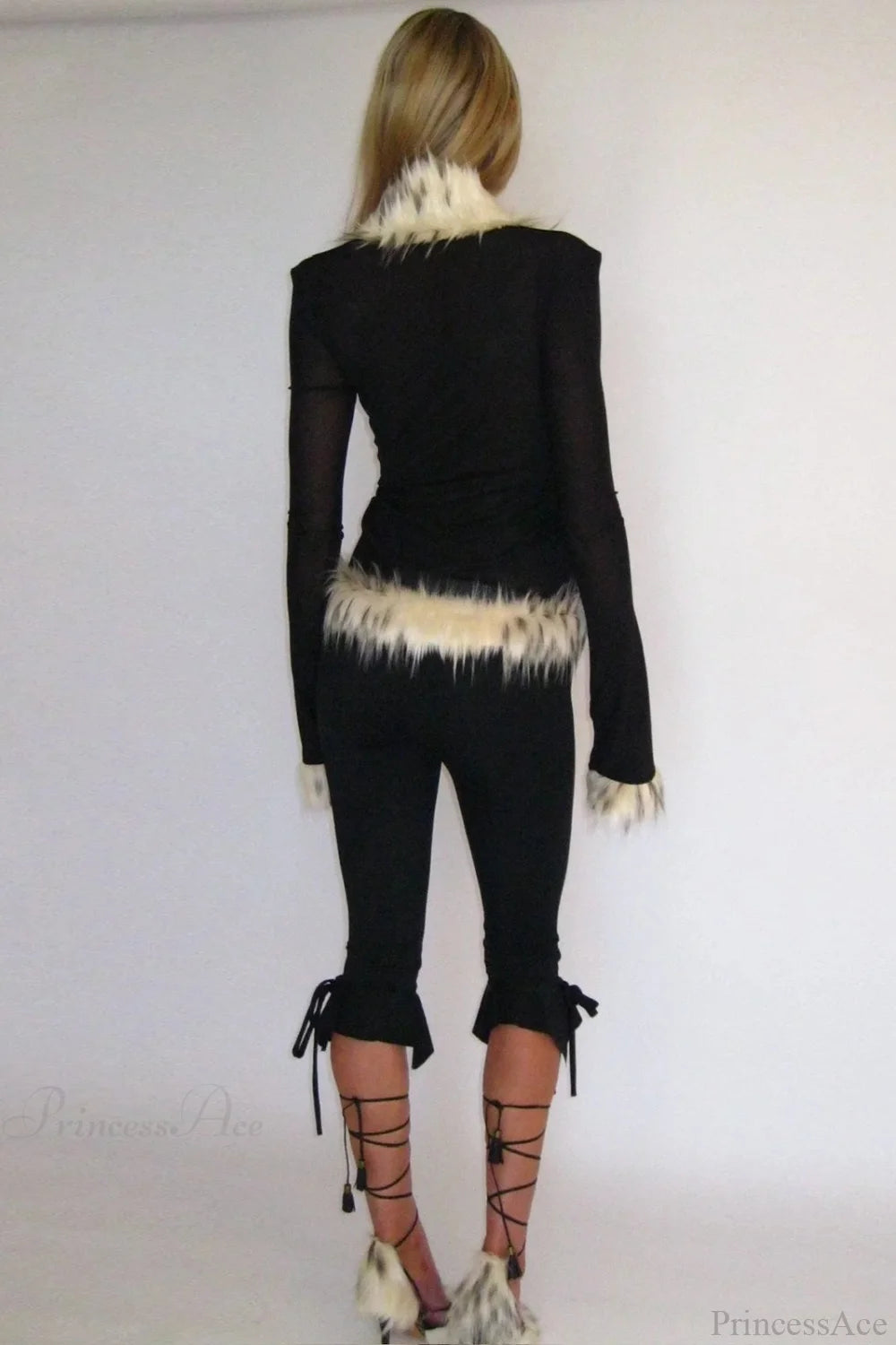 Sexy Chic Fur Collar Tulle Panel Cropped Long Sleeve Blouse