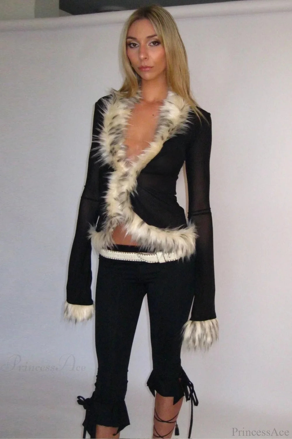 Sexy Chic Fur Collar Tulle Panel Cropped Long Sleeve Blouse