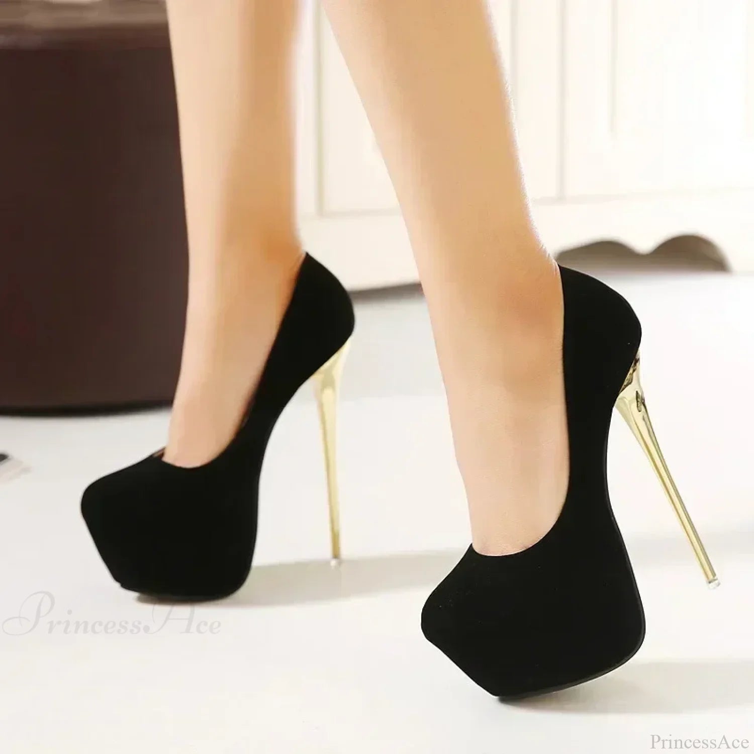 Sexy Club Suede Black High Heels 16Cm Stiletto Waterproof Stripper Flock Pumps Ladies Shoes Plus