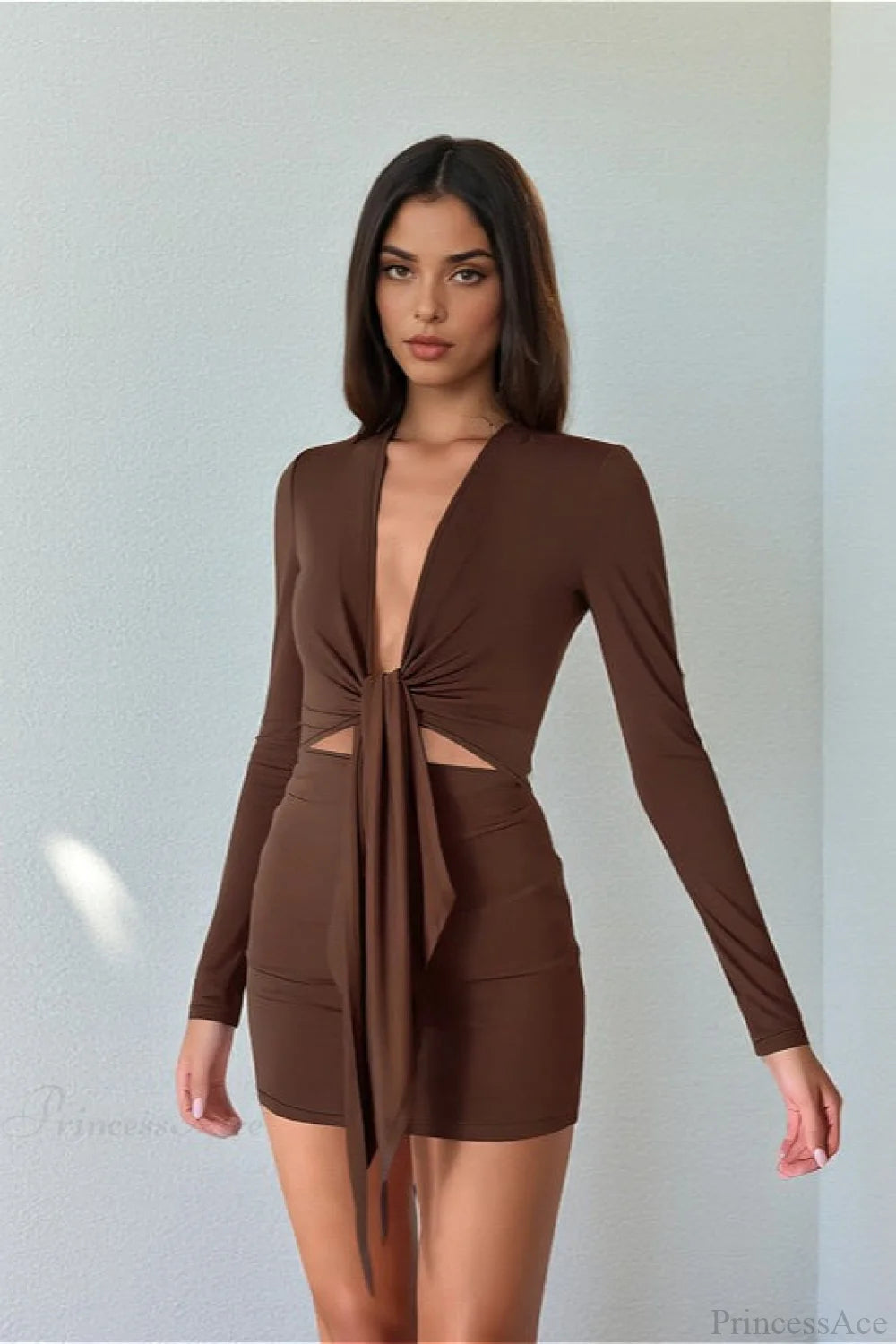 Sexy Deep V Knit Long Sleeve Hollow Out Bodycon Mini Dress
