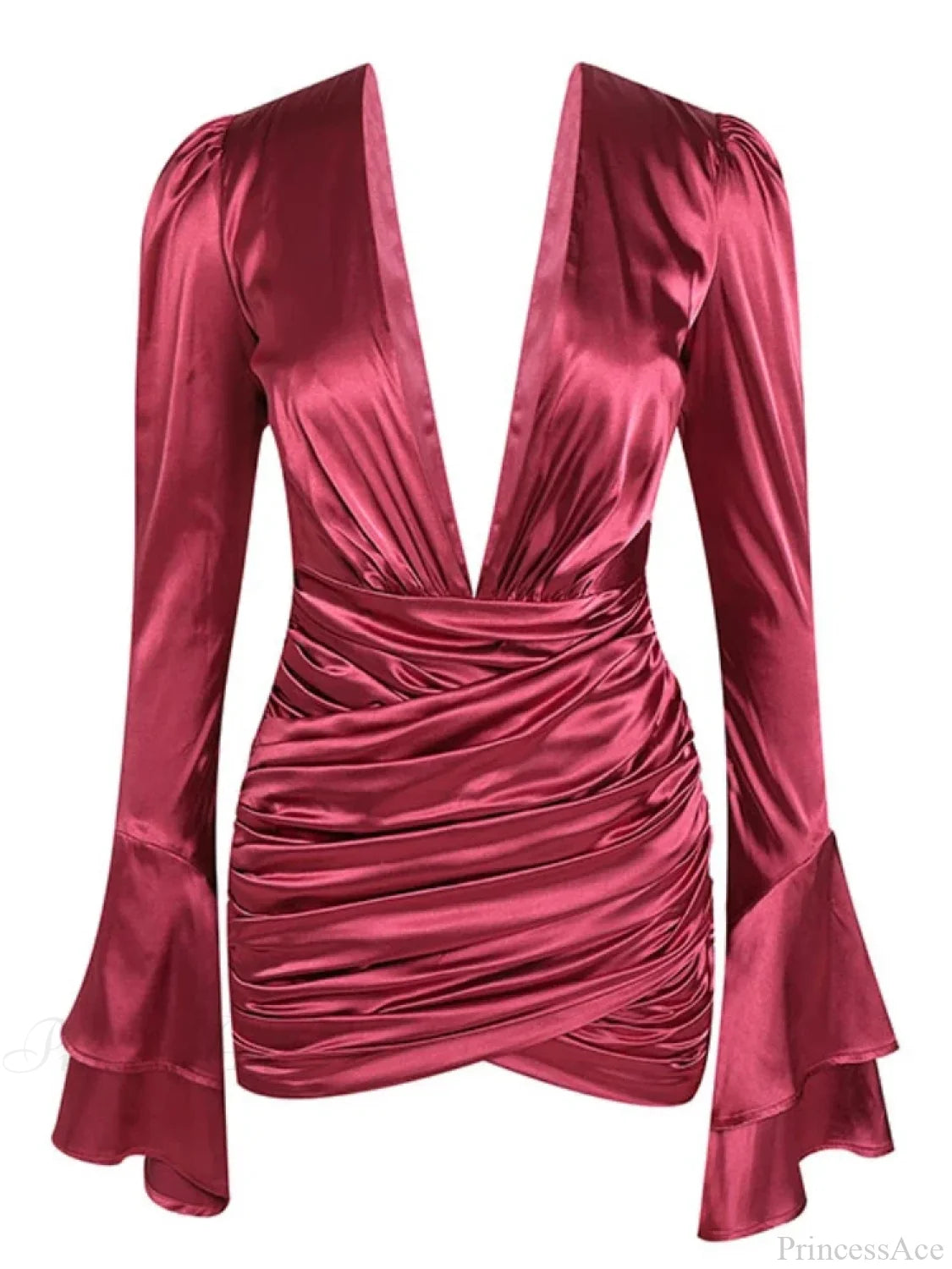 Sexy Deep V Neck Flare Sleeve Pleats Mini Backless Christmas Party Dress Pink / S Dresses-L