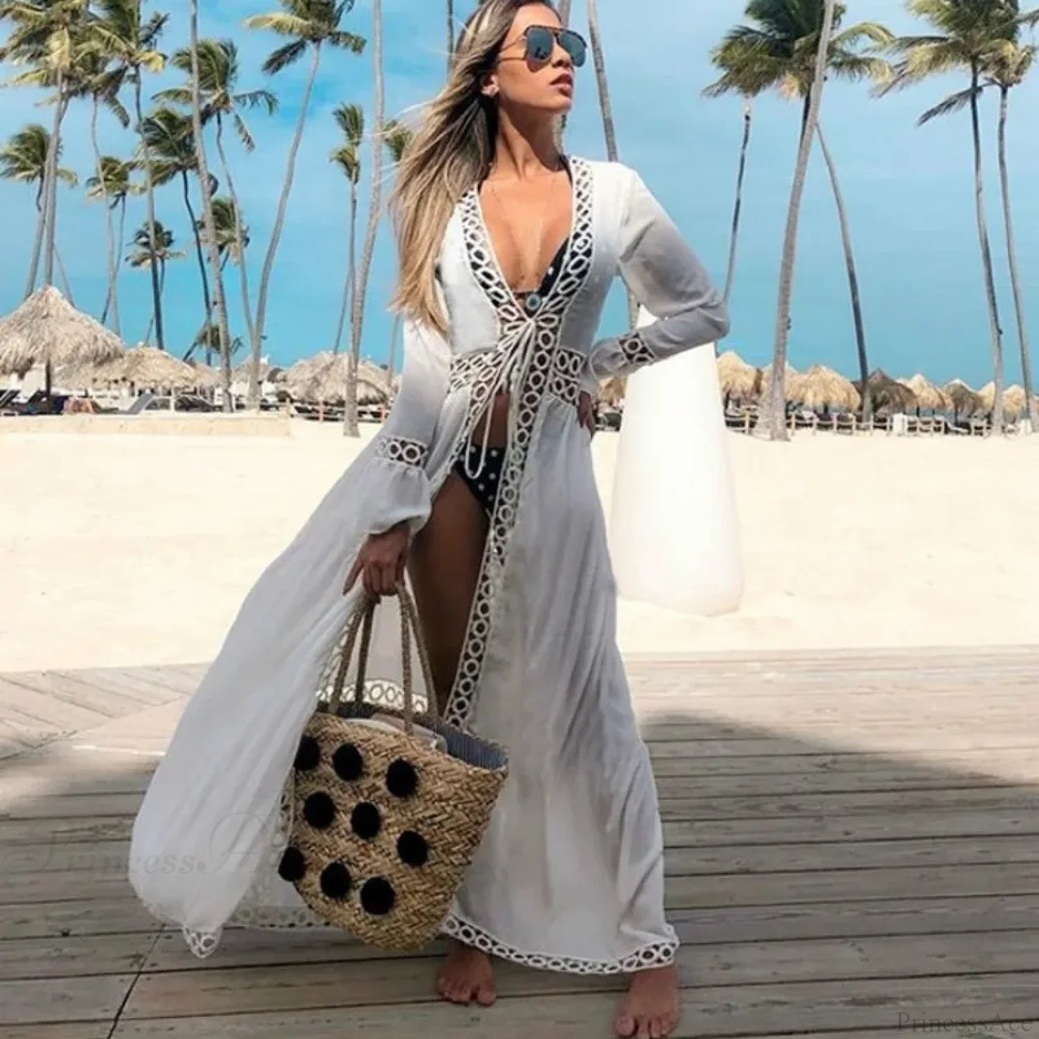 Sexy Deep V-neck White Lace Boho Kimono Bikini Cover up color11 / One Size bohocoverup-250126