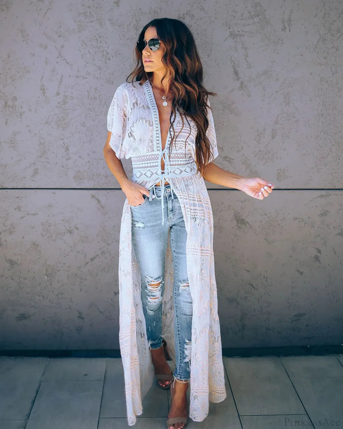 Sexy Deep V-neck White Lace Boho Kimono Bikini Cover up color3 / One Size bohocoverup-250126