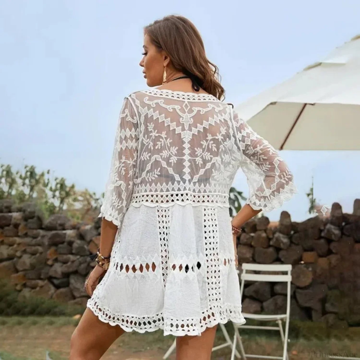 Sexy Deep V-neck White Lace Dress Women Cover-up Kimono Boho Beach Wear White / One Size bohodress-250126
