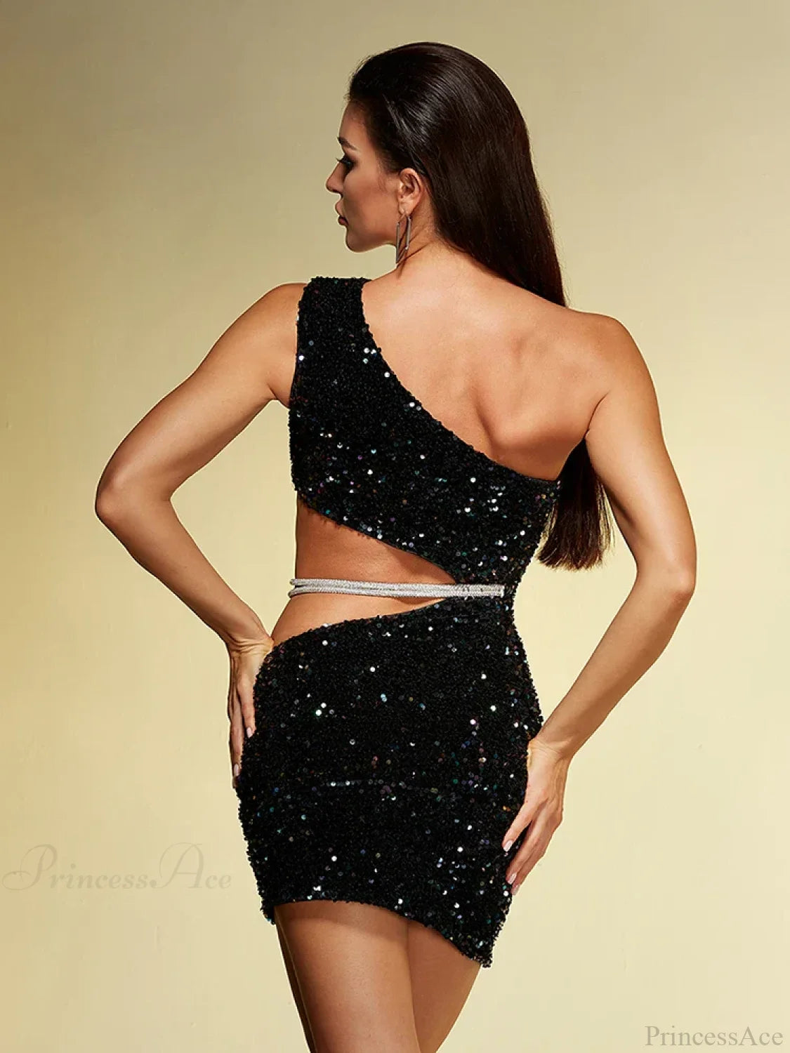 Sexy Diagonal Collar Hollow Out Diamonds Chain One Shoulder Christmas Party Dress Dresses-L