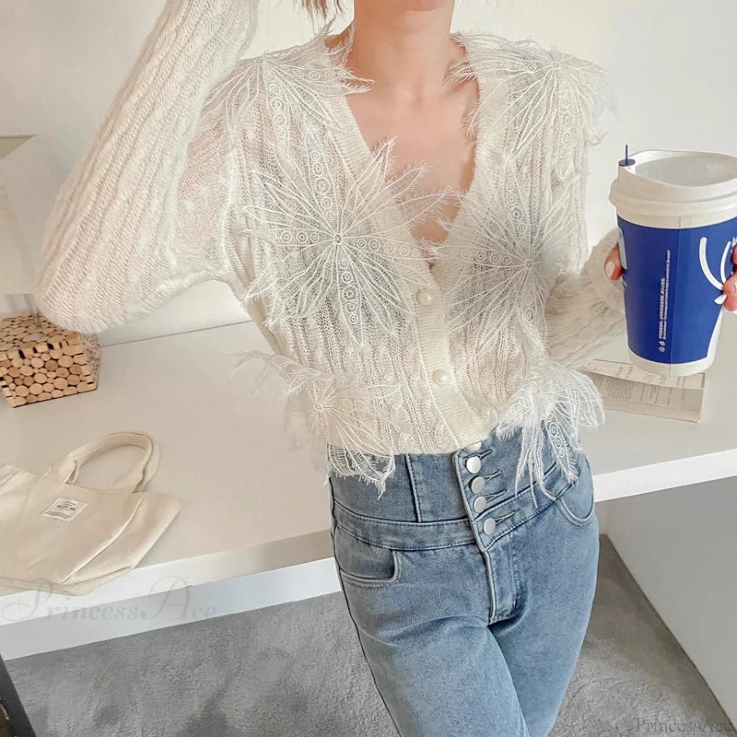 Sexy Embroidered Flower Knitted Blouse Party Blouse creamy-white / One Size blouse-250126