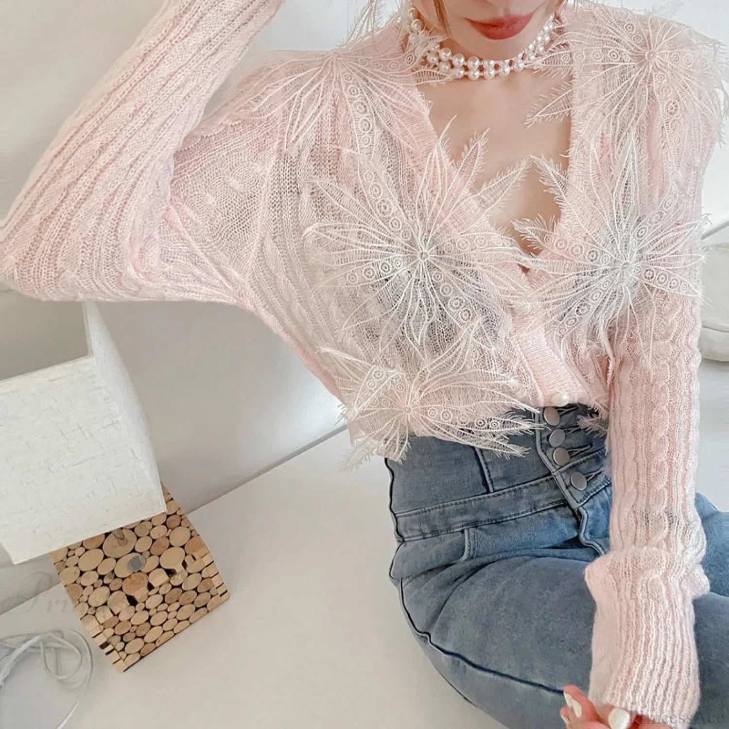 Sexy Embroidered Flower Knitted Blouse Party Blouse Pink / One Size blouse-250126