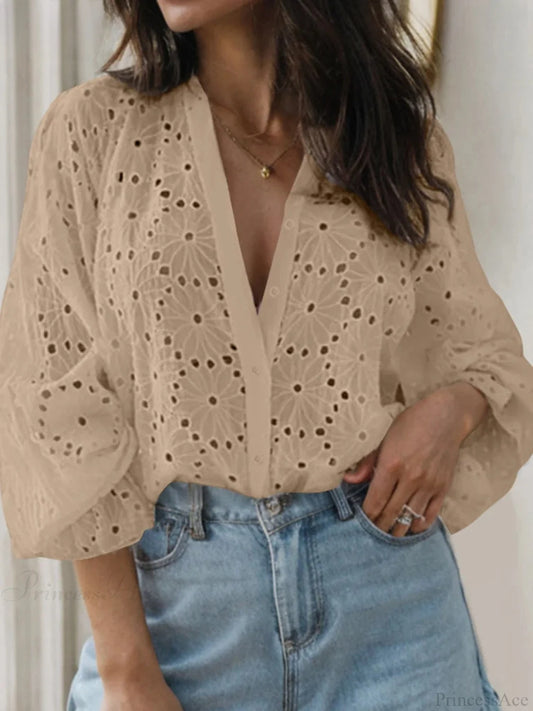 Sexy Flared Long Sleeve Tunic V-neck Blouse Khaki / S blouse-250126