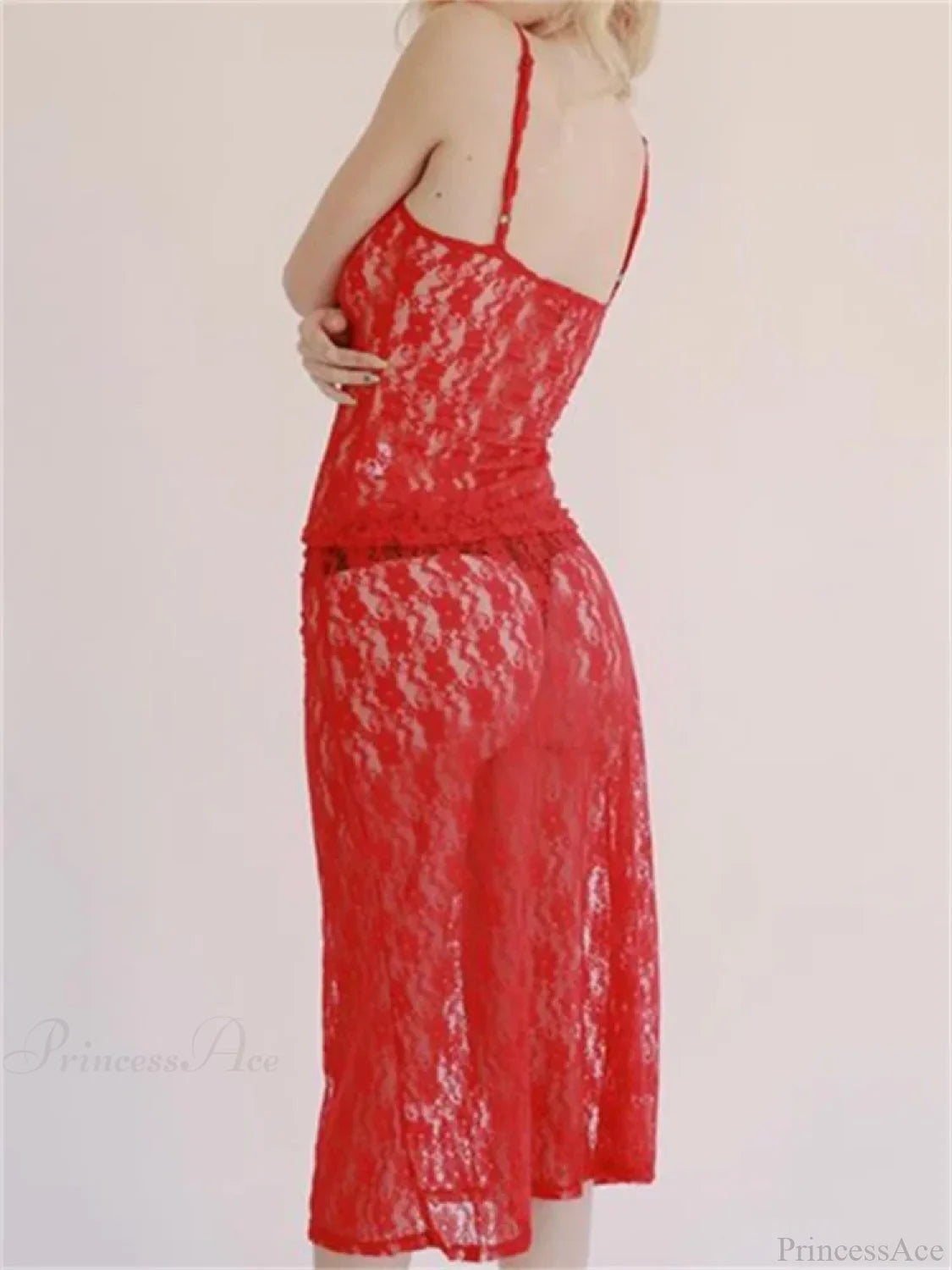 Sexy Floral Lace Strap Tank Camis Crop Top with See-through Long Skirt Set Red / S twopiecesset-250126
