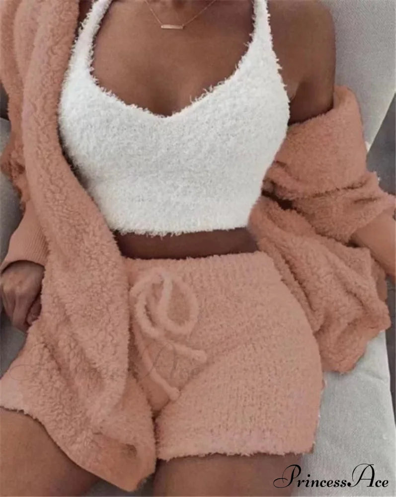 Sexy Fluffy Autumn Piece Sweatshirt Backless Plush Home Sports Women Pyjamas Wear Winter Fleece