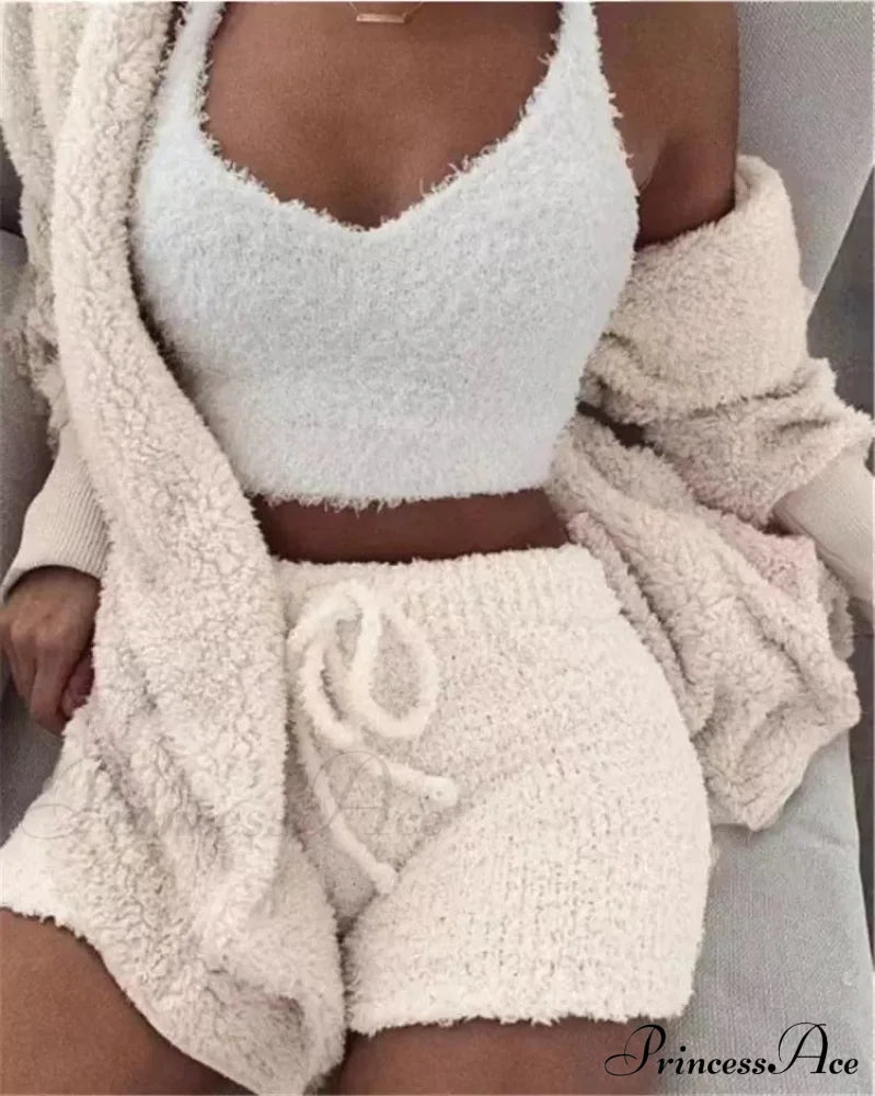 Sexy Fluffy Autumn Piece Sweatshirt Backless Plush Home Sports Women Pyjamas Wear Winter Fleece