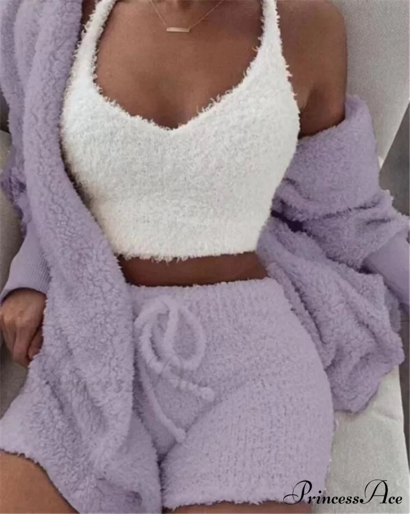 Sexy Fluffy Autumn Piece Sweatshirt Backless Plush Home Sports Women Pyjamas Wear Winter Fleece