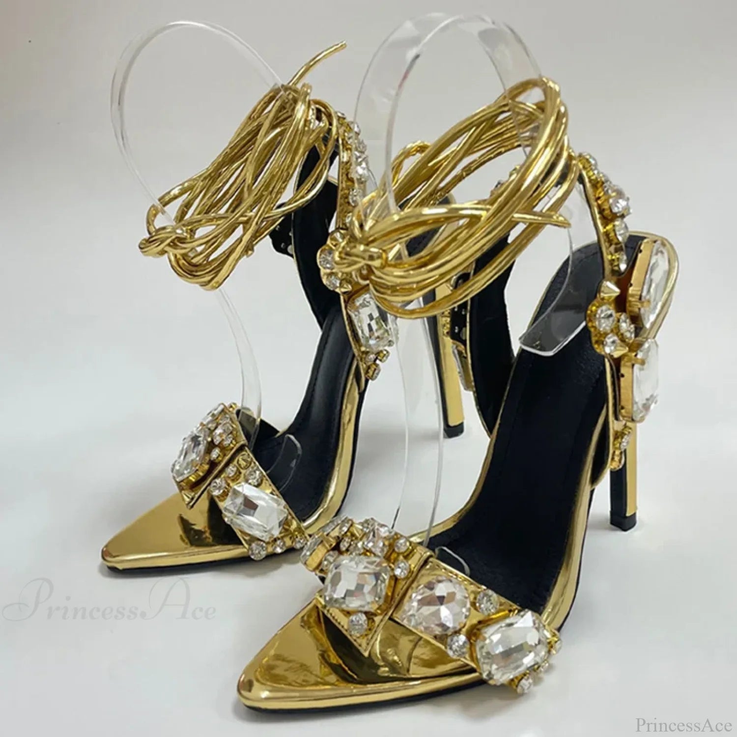 Sexy Golded Ankle-Strap Crystal Diamond Pointed-Toe Sandals Wedding Nightclub High Quality Stripper