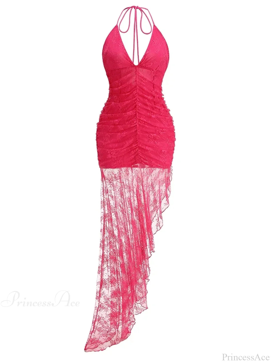 Sexy Halter Lace-Up Deep V Neck Lace Ruffles Rose Red Christmas Party Dress / Xs Dresses-L