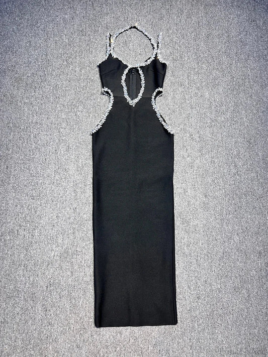 Sexy Halter Neck Sling Hollow Out Crystal Bandage Dress Long Christmas Party Black / Xs Dresses-L