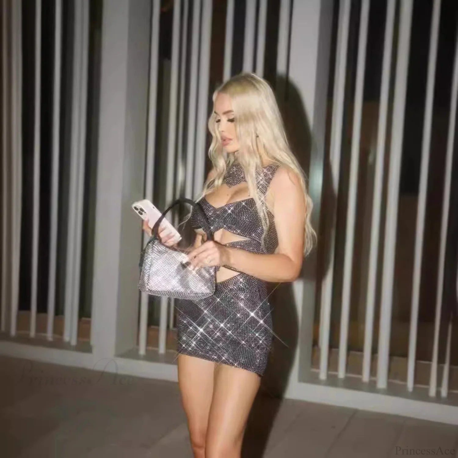 Sexy Hollow-Out Bodycon Flower Detail Rhinestone Prom Dress promdress-250223