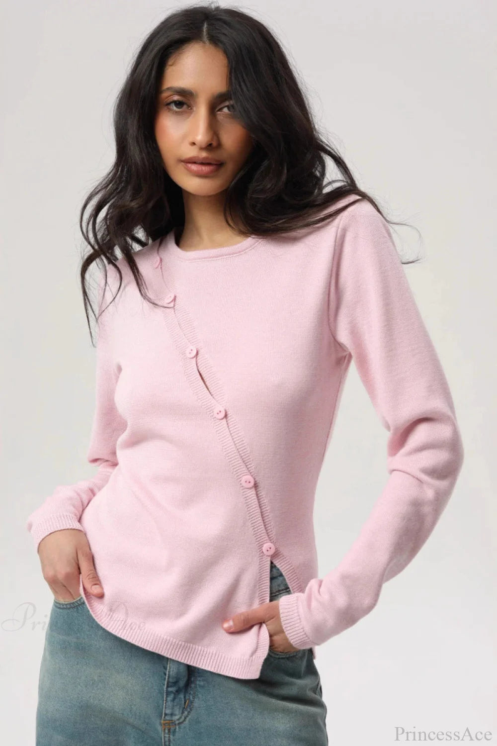 Sexy Irregular Crew Neck Long Sleeve Knit Sweater