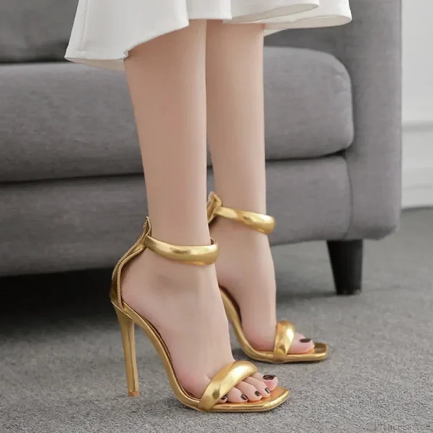 Sexy Luxury Brand Simple Peep Toe Thin High Heels Back Zipper Gold Wedding Party Heel / 35