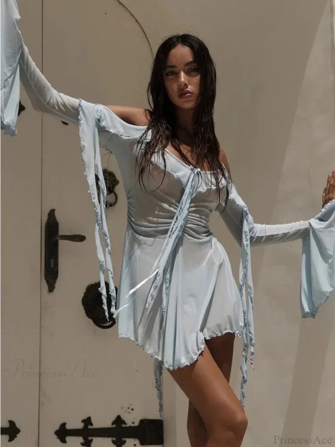 Sexy Mesh Black Long Sleeve Vacation Dress Blue / S vacationdress-250223