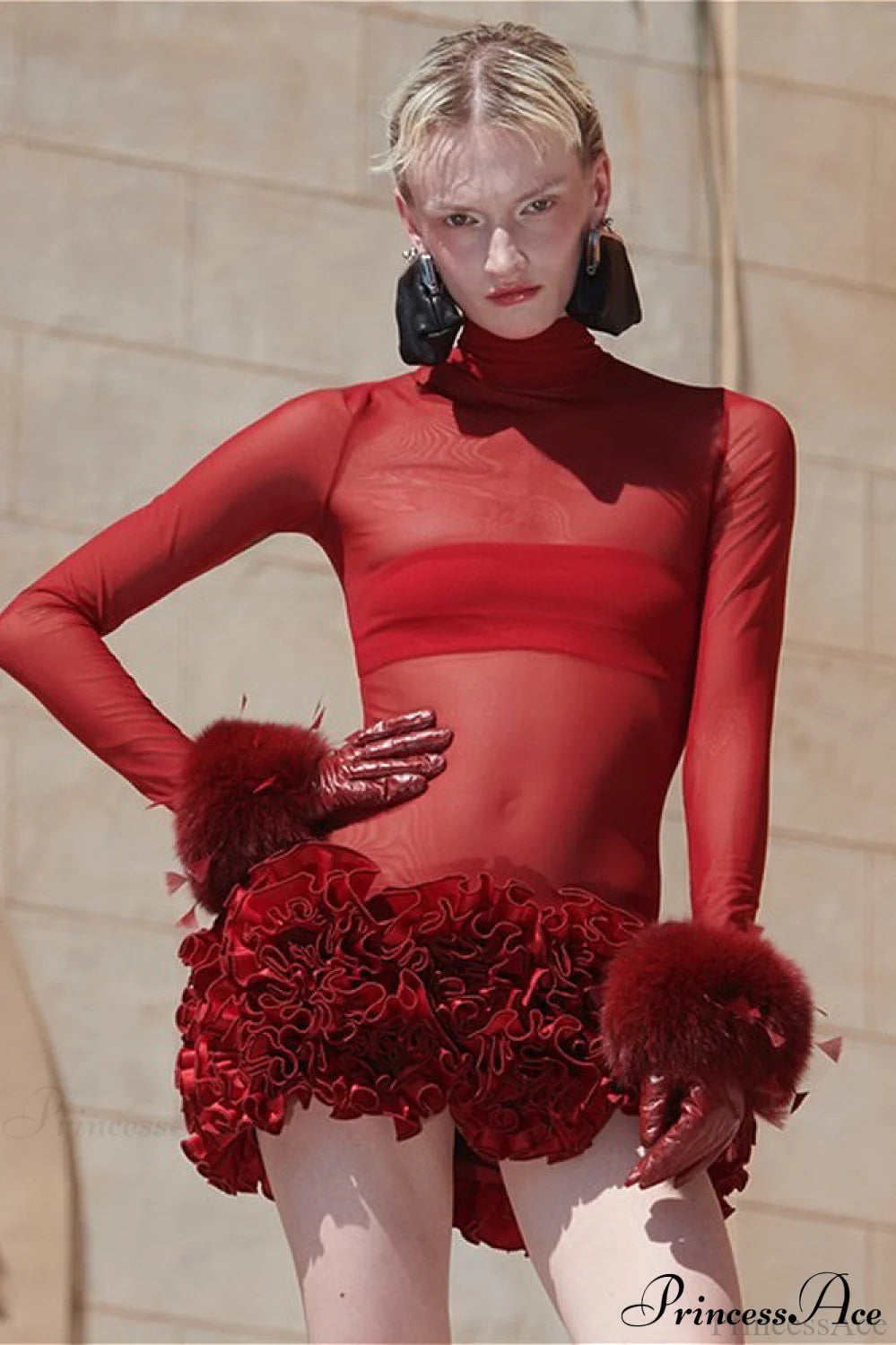 Sexy Mesh Sheer Bodycon Floral Party Dress Red / XS