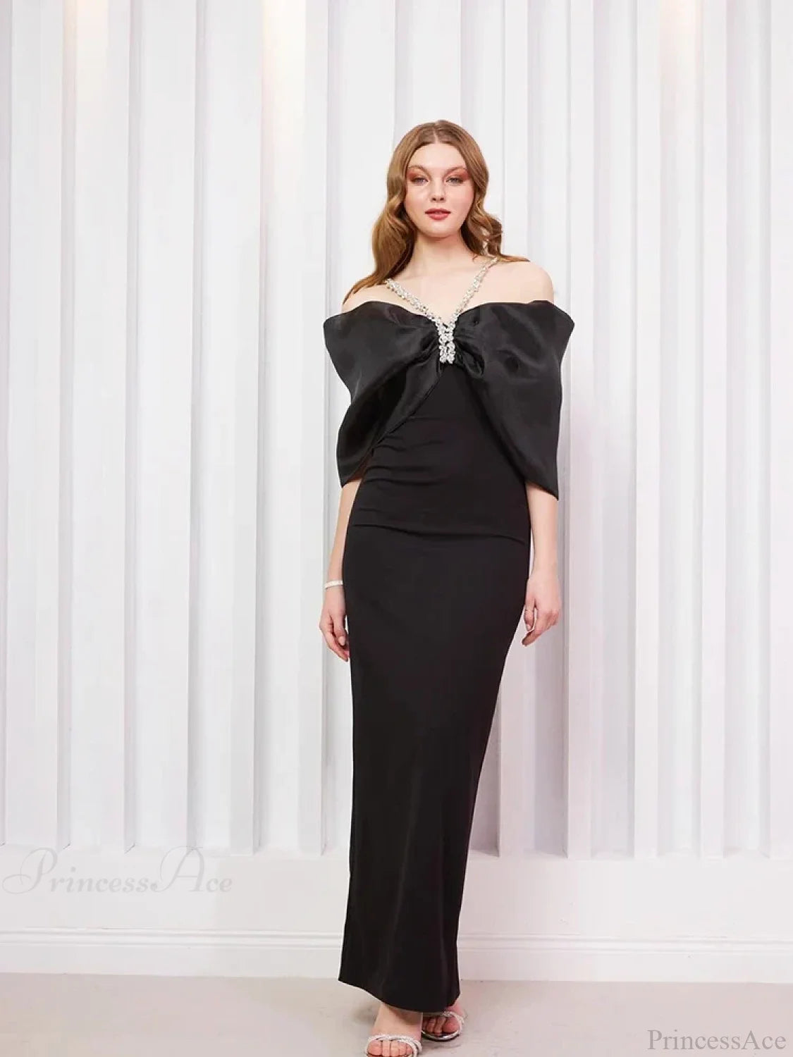 Sexy Off Shoulder Diamond Straps Bandage Black Pleated Shiny Celebrity Christmas Party Dress / Xs