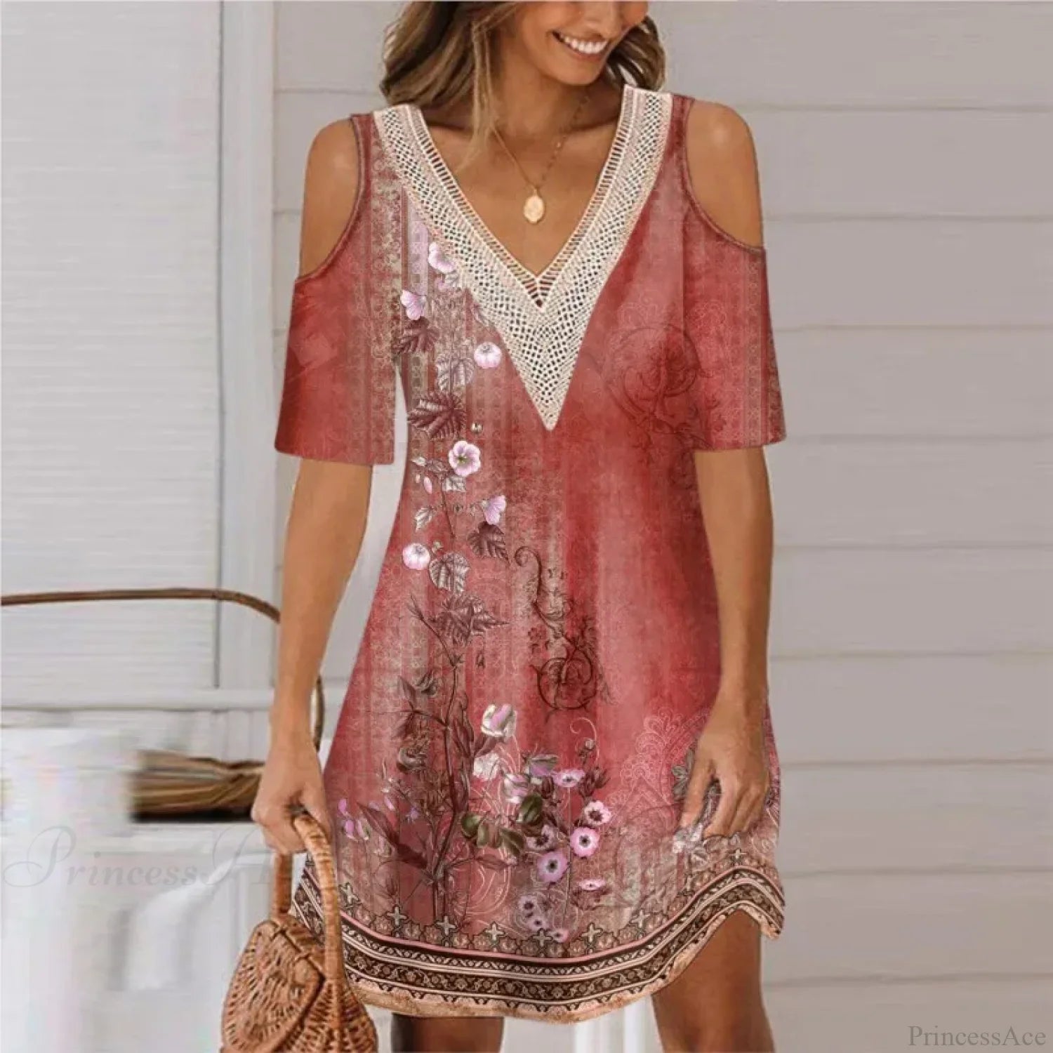 Sexy Off Shoulder Lace Splicing Party Floral A-line Dress Red / S oldfloraldress-250126