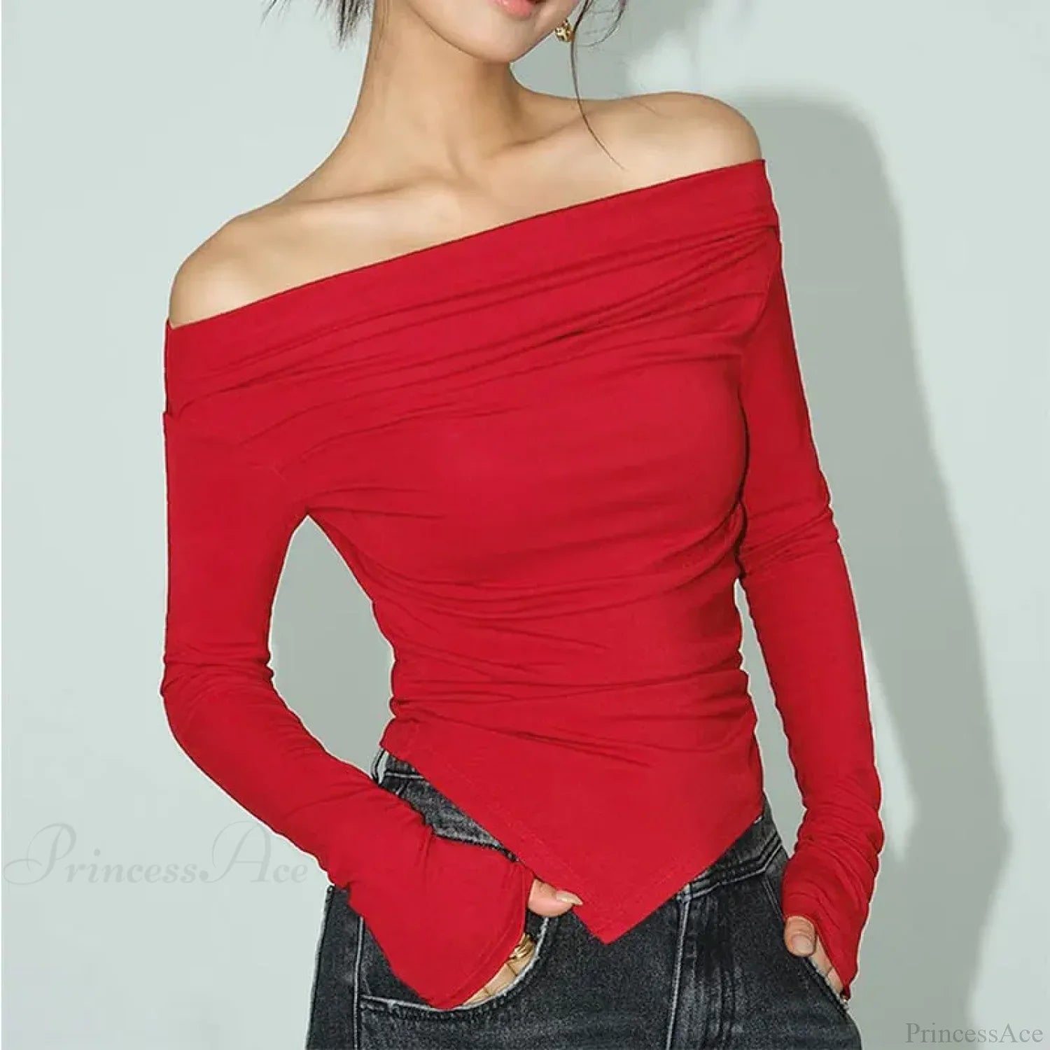 Sexy Off Shoulder Slim T-shirt Sweater Red / S