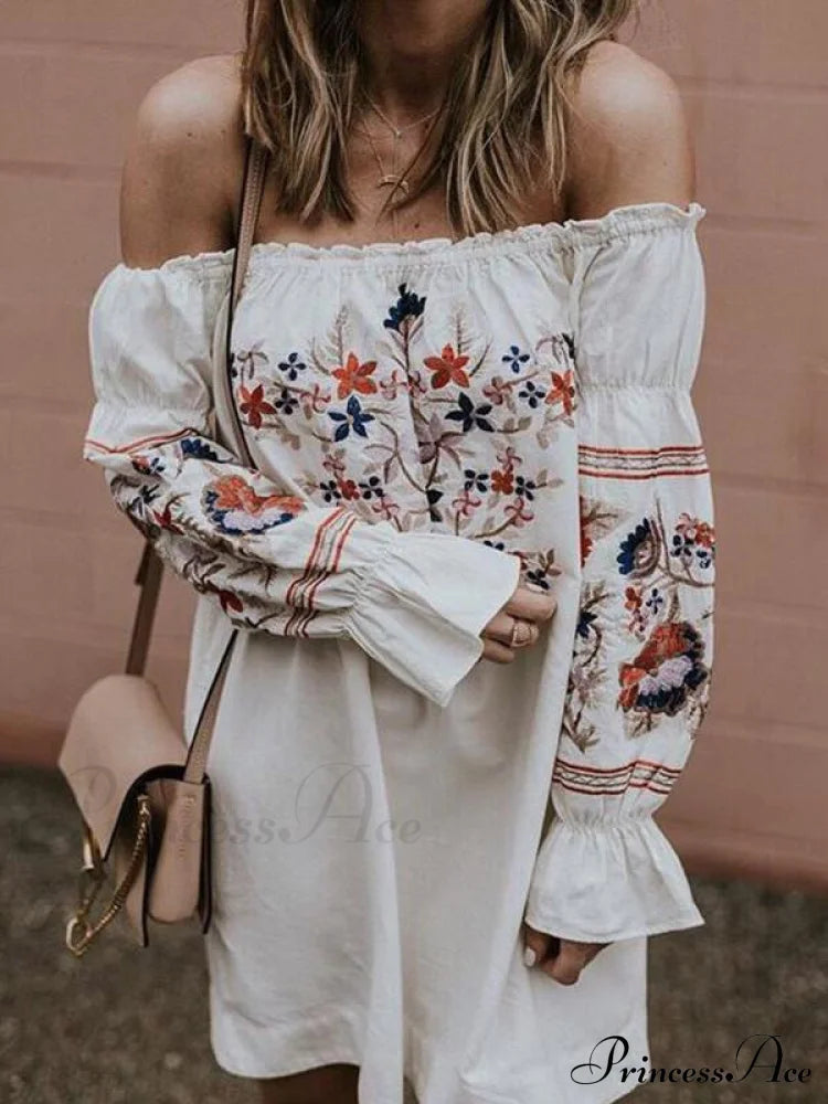 Sexy Off-The-Shoulder Mini Flared With Gown Sleeves L / White Dresses