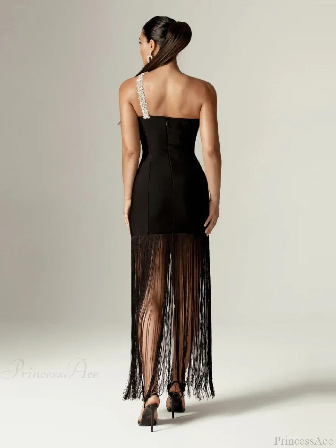 Sexy One Shoulder Diamonds Strap Tassel Bandage Dress Shiny Rhinestone Christmas Party Dresses-L