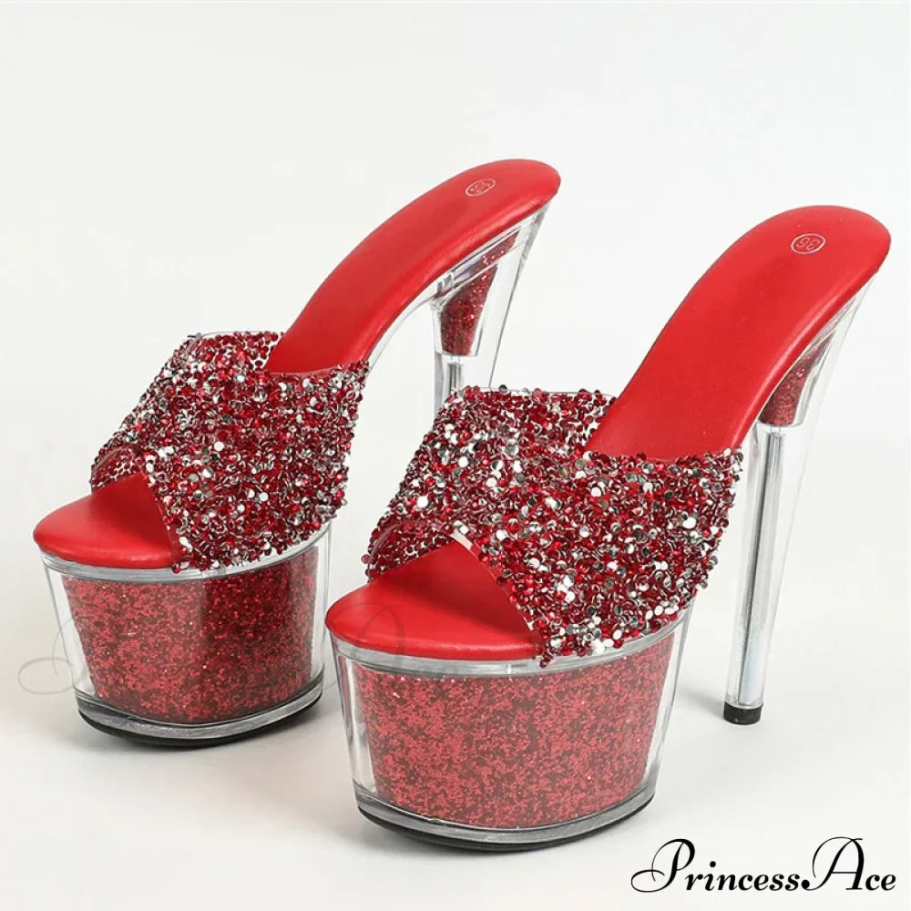 Sexy Peep Toe Party Club Strip Pole Dance Shoes Extreme High Heels 17Cm Women Slipper Sequined