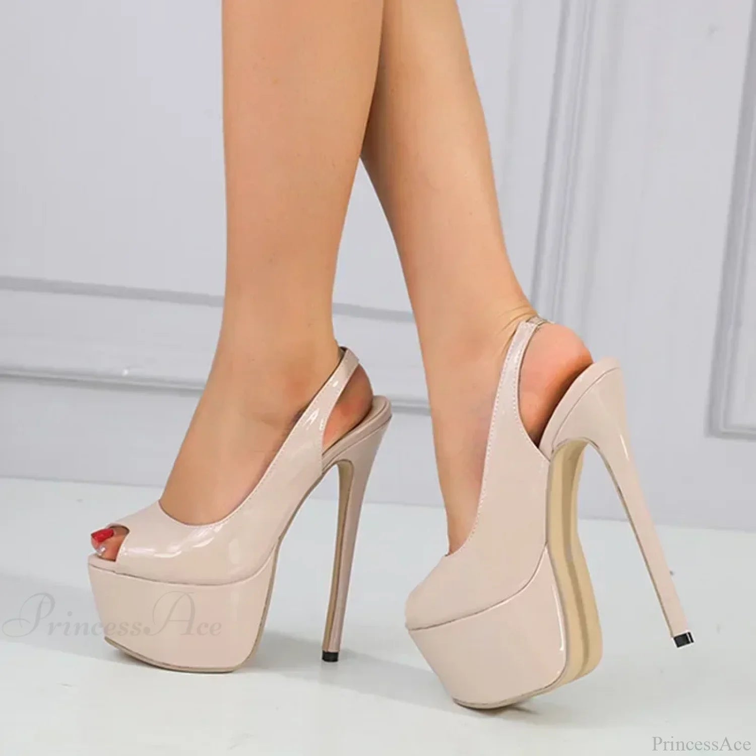 Sexy Peep Toe Patent Leather Model Catwalk Extreme High Heels Platform Slip-On Back Strap Pumps Heel