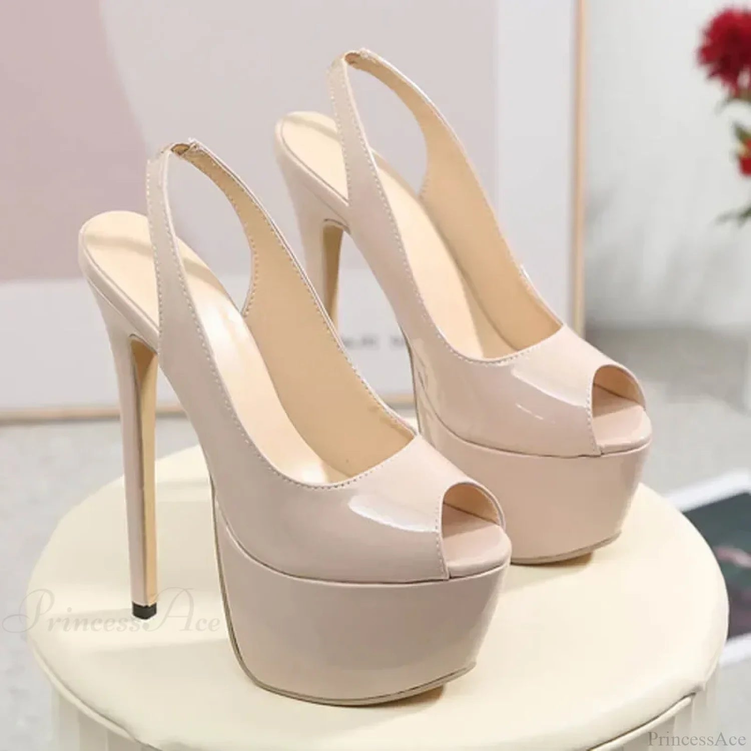 Sexy Peep Toe Patent Leather Model Catwalk Extreme High Heels Platform Slip-On Back Strap Pumps