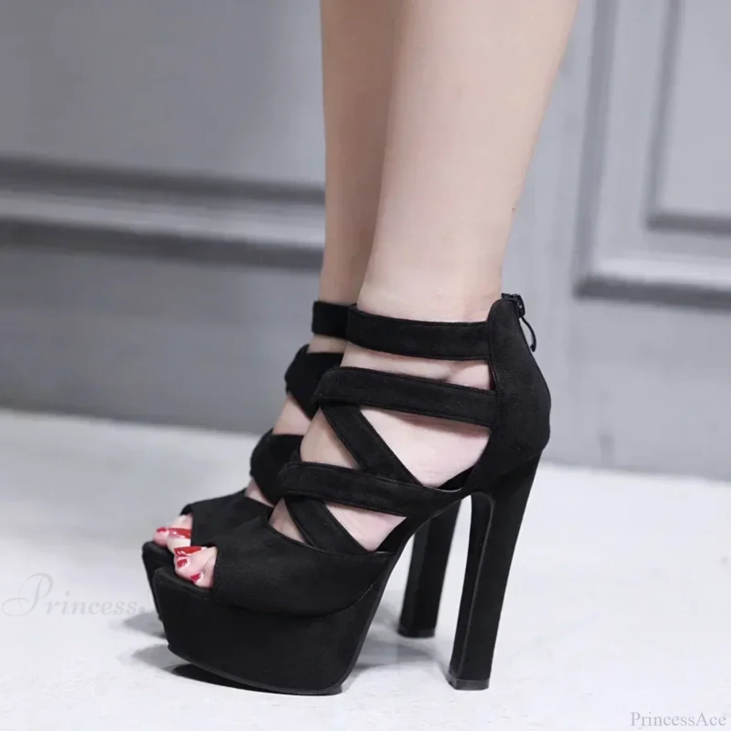 Sexy Peep Toe Suede Cross Band Platform Black/Apricot Ankle Strap Back Zipper Ultra High Heel Party