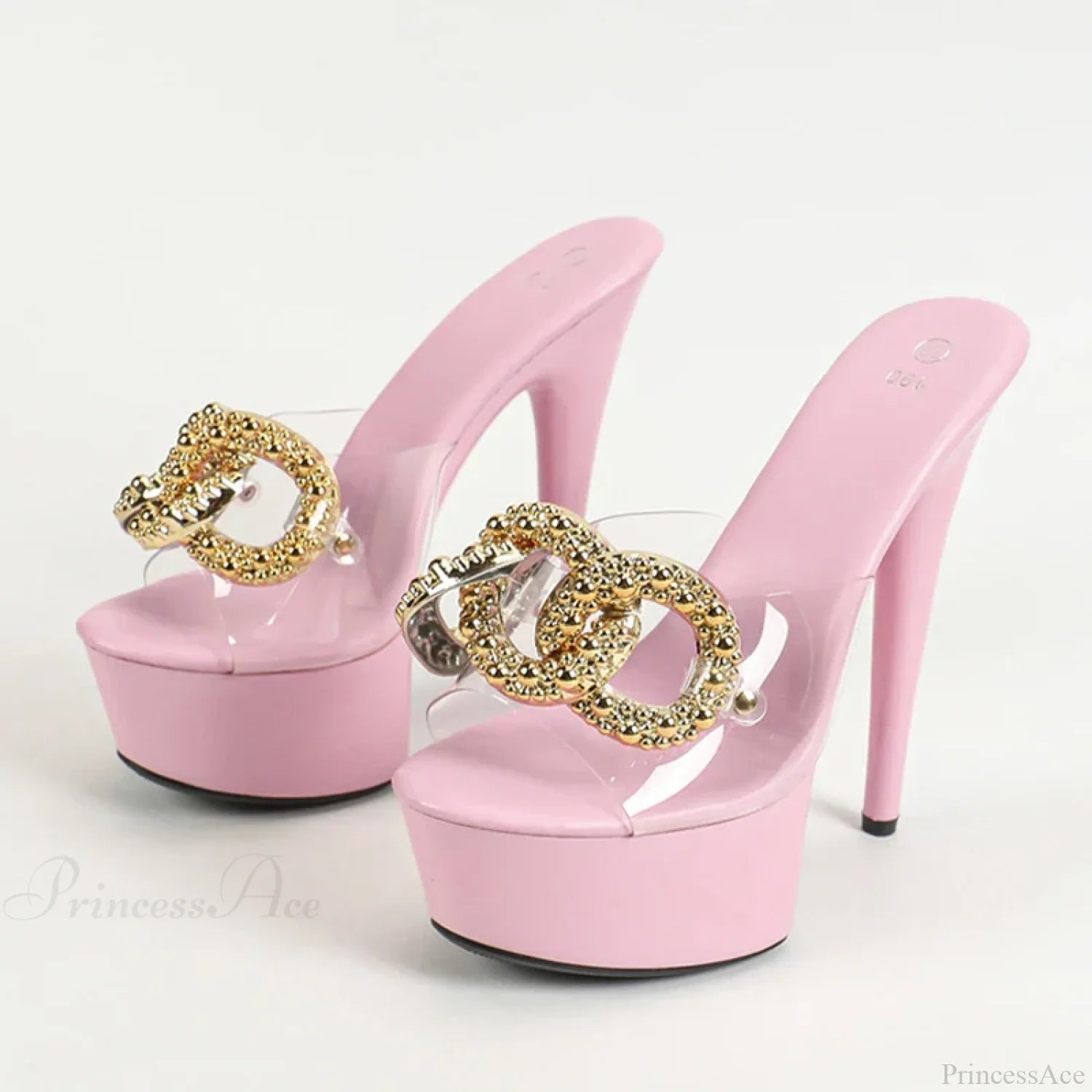 Sexy Pink High Platform Slippers Metal Chain Transparent Party Stripper Chic Heel / 34