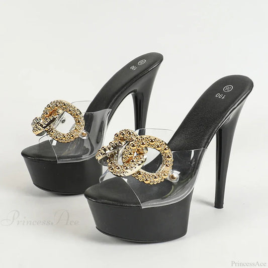 Sexy Pink High Platform Slippers Metal Chain Transparent Party Stripper Chic Heel Black / 34