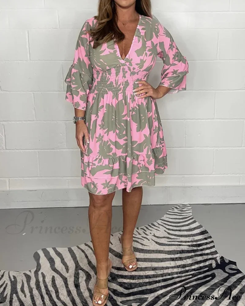 Deep v sexy print dress Pink 23BF Casual Dresses Clothes Dresses Spring Summer