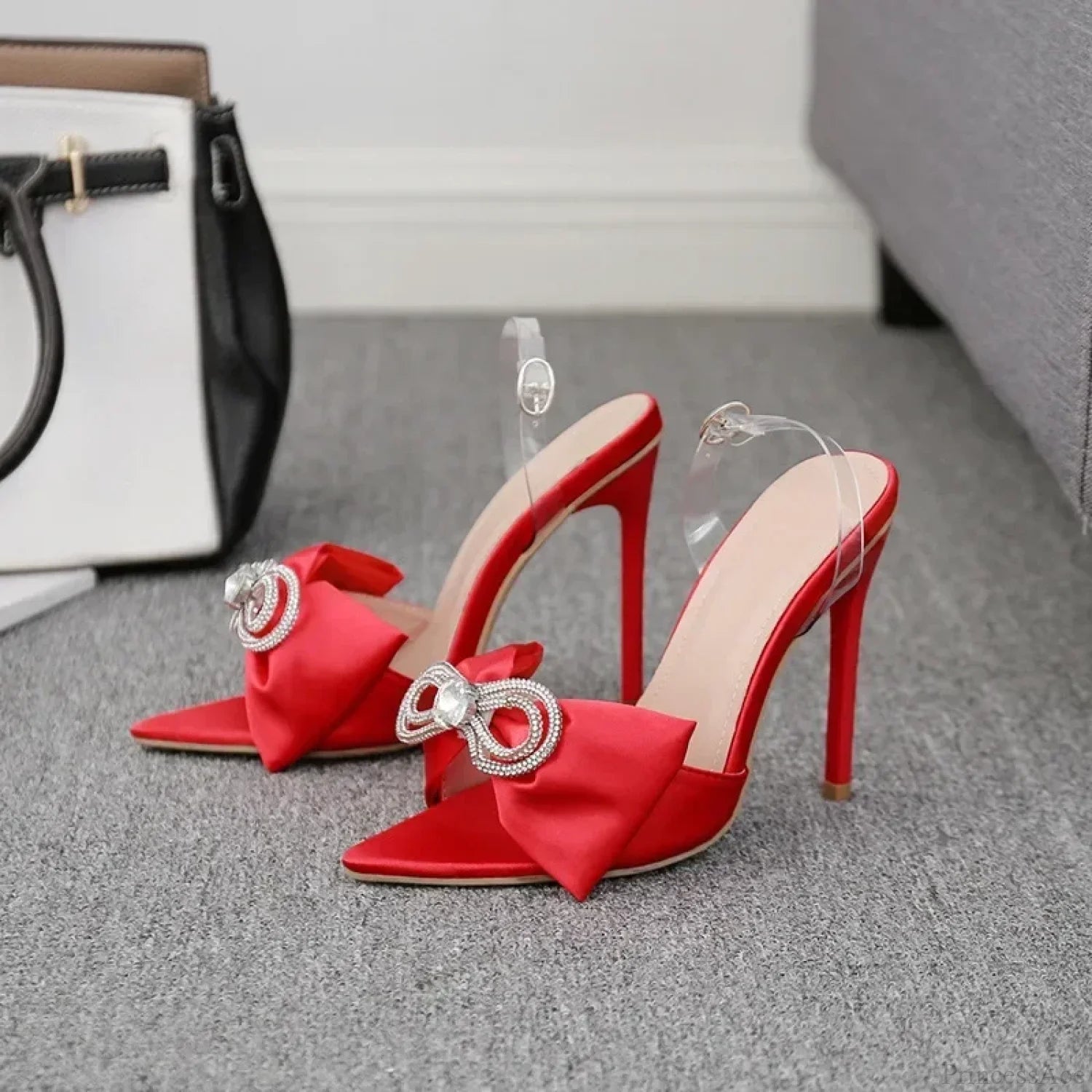 Sexy Silk Pointed Rhinestone Butterfly-Knot Thin High Heel Sandals Pvc Band Ankle Buckle Banquet